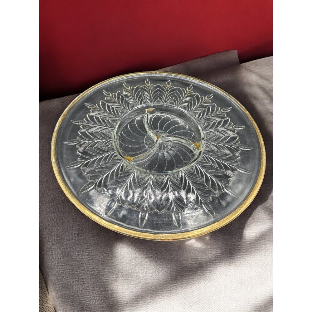 Vintage Large Jeanette Clear Glass w/ Gold Trim Appetizer Platter 1950's